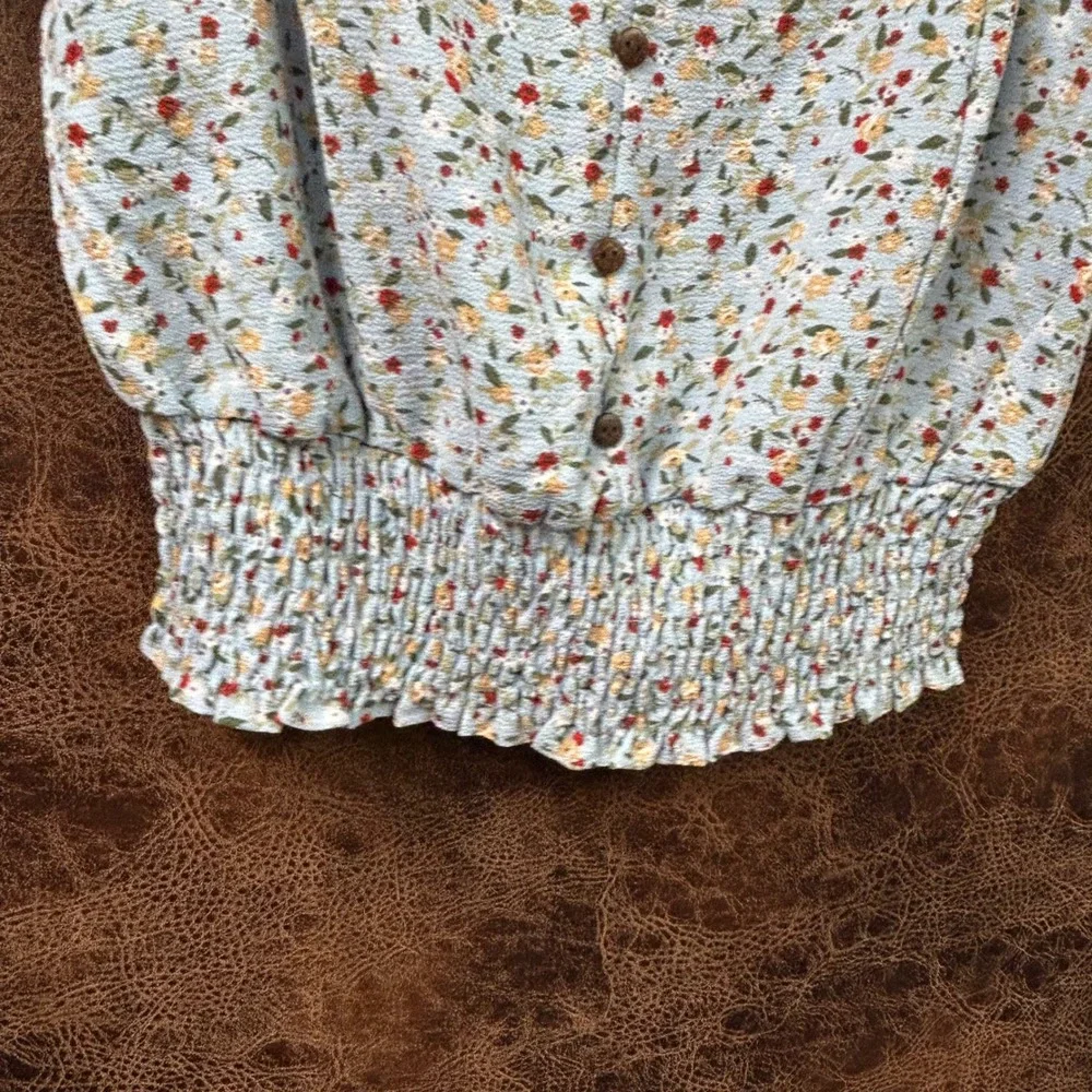 Monteau LA Large Light Blue Micro‎ Floral Smocked Waist Western Rodeo Blouse